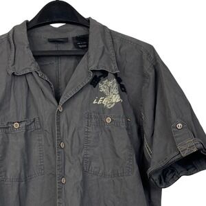 Harley Davidson Racing #1 Embroidered Mens XL Cotton Short Sleeve Gray Button Up